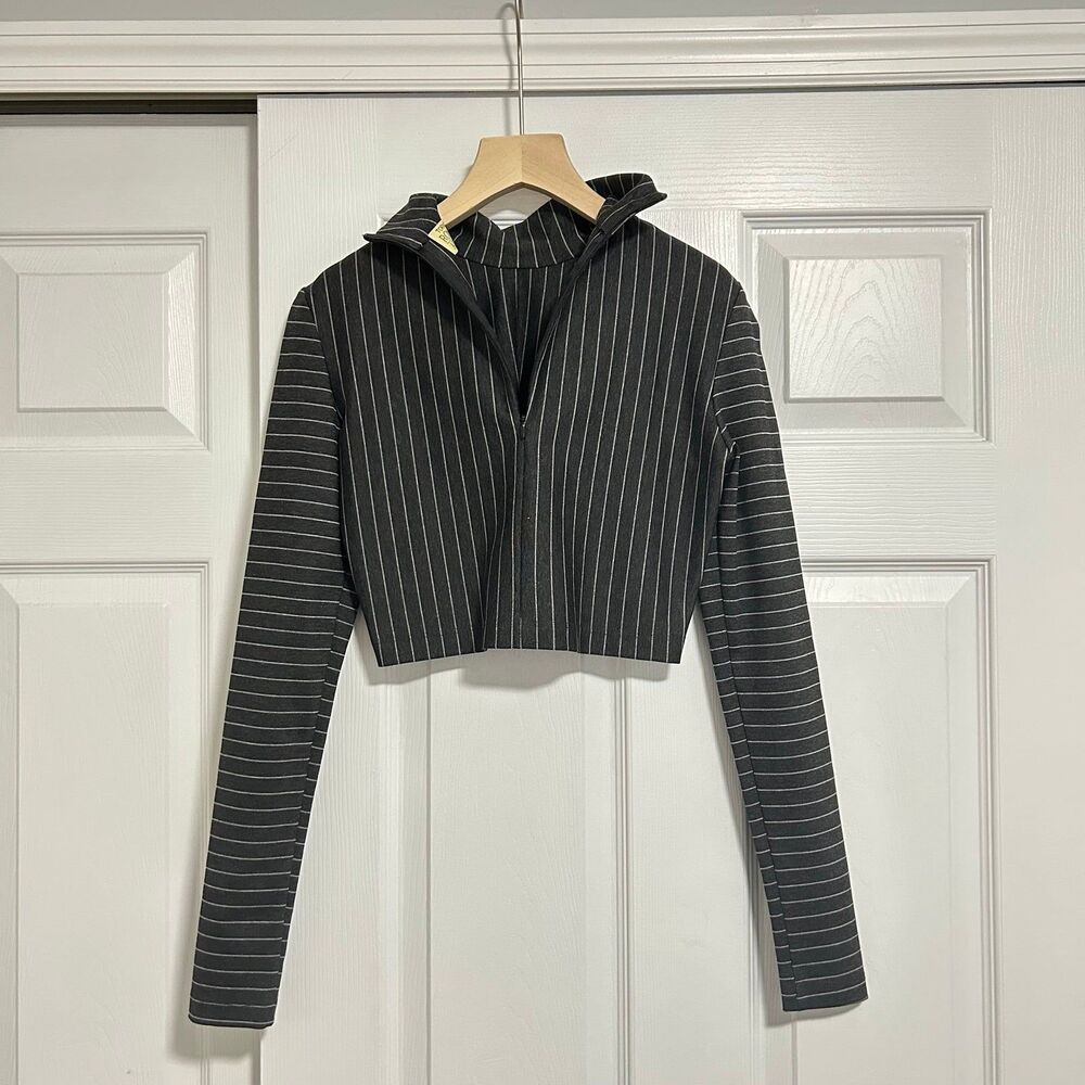Torn by Ronny Kobo Sulan Mock Neck Crop Zipper Top Gray Pinstripe Long Sleeve